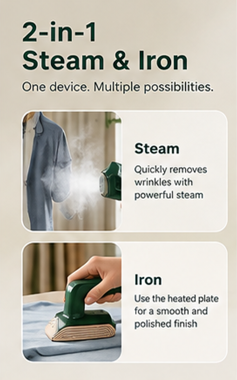 Portable Steam Iron – 2-in-1 Travel Garment Steamer